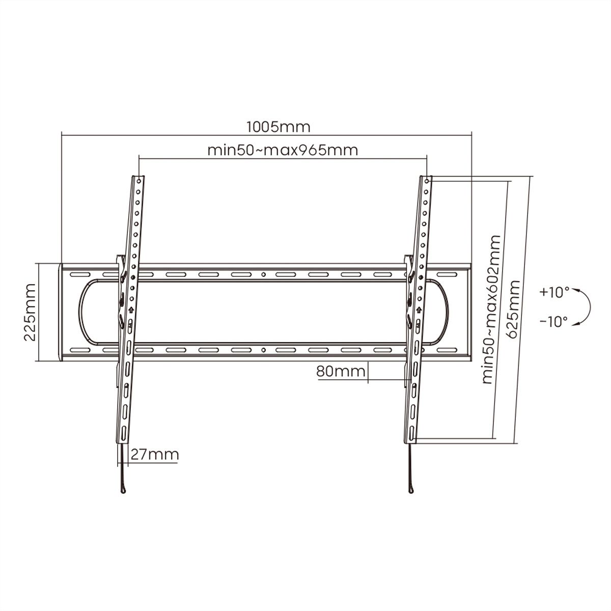 VALUE Support mural TV, distance murale de 80 mm, inclinable, 60–120 pouces, jusqu'à 120 kg