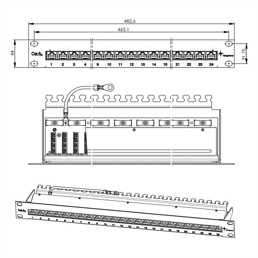 TELEGÄRTNER 19"-Verteiler MPP24 1 HE, Cat.6A (Class EA) (ISO/IEC), 24 Ports, schwarz