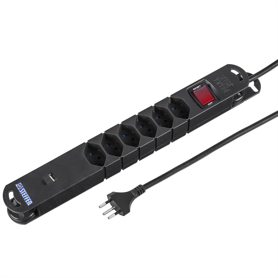 Steffen Steckdosenleiste Variabl 6fach, 1xUSB-A,1xUSB-C,mit schalter,schwarz, 3m