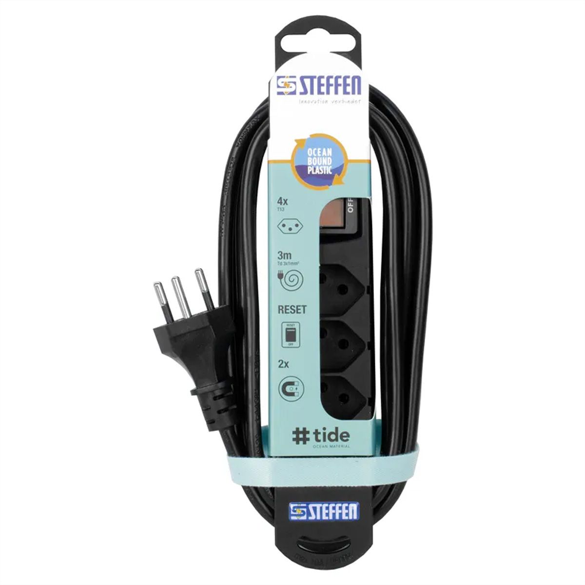 Steffen Multiprise TIDE 4xT13 3m, avec interrupteur et aimant blanc