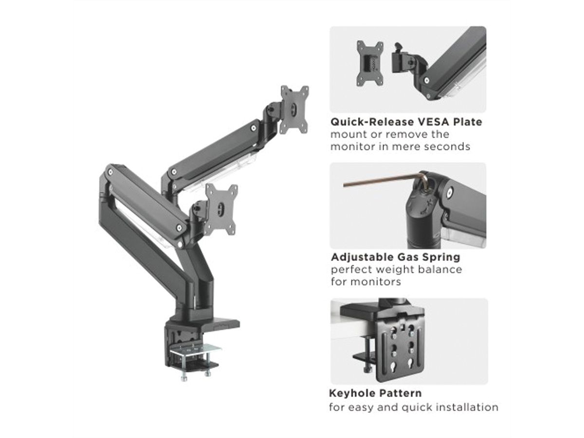 ROLINE Support double LCD à gaz, 5 axes de rotation, max. 15 kg