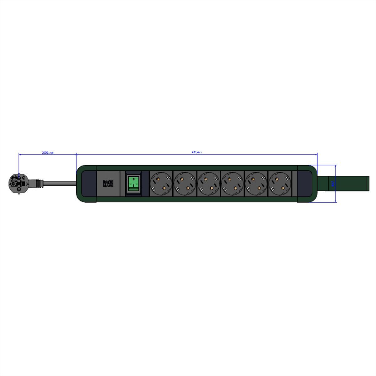 BACHMANN PRIMO 2 6xCEE7/3 1xinterrupteur avec boucle 2m CEE7/7 RAL6028