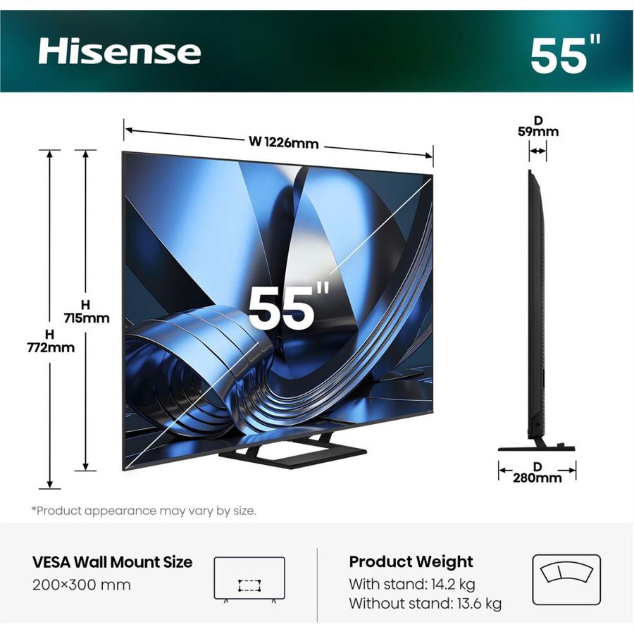 Hisense TV 55U7SE 55", Mini-LED 4K, 144Hz, 1300 Nits