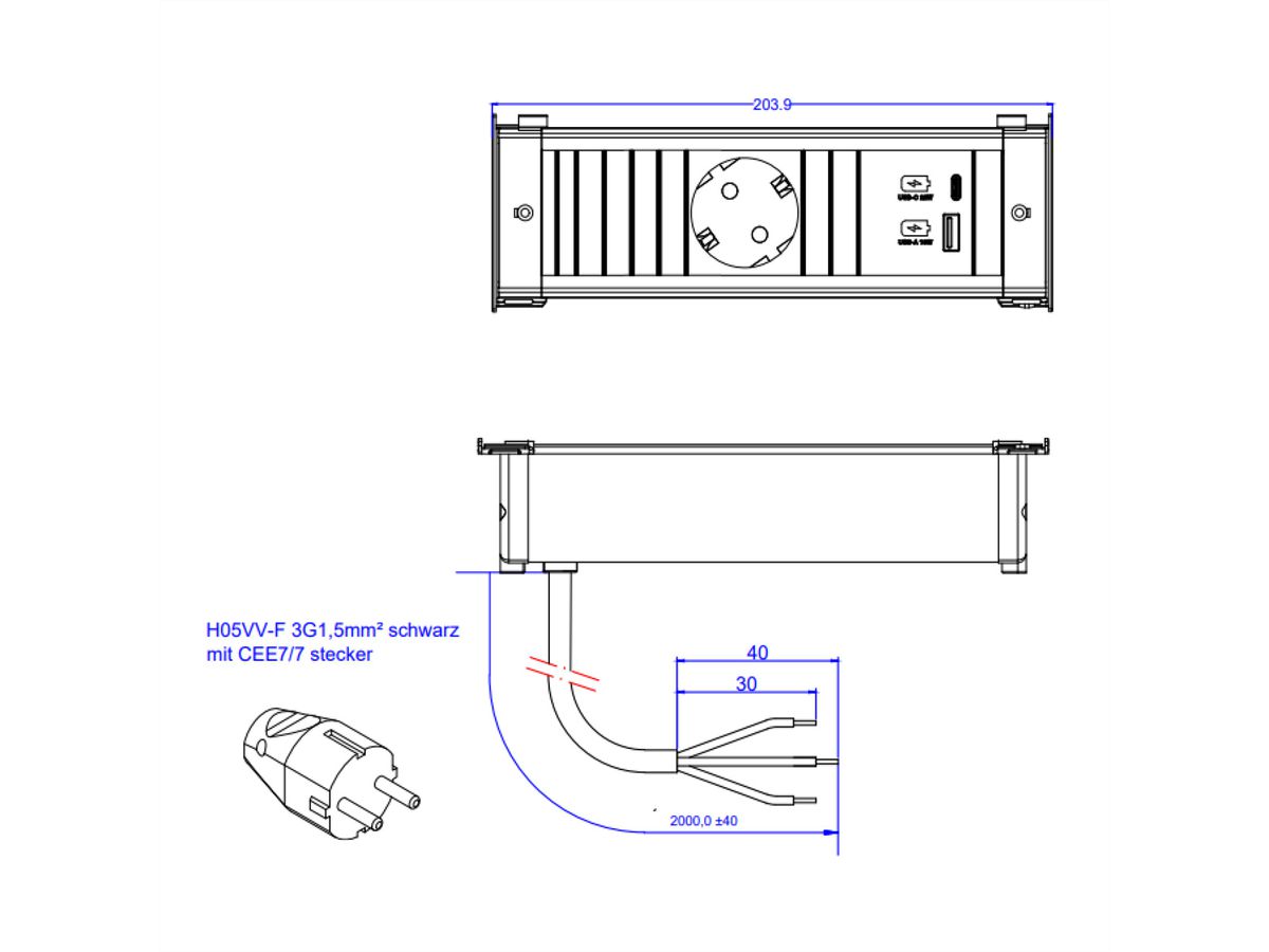 BACHMANN KAPSA S 1xCEE7/3 1xUSB A/C 22W 2,0m CEE7/7