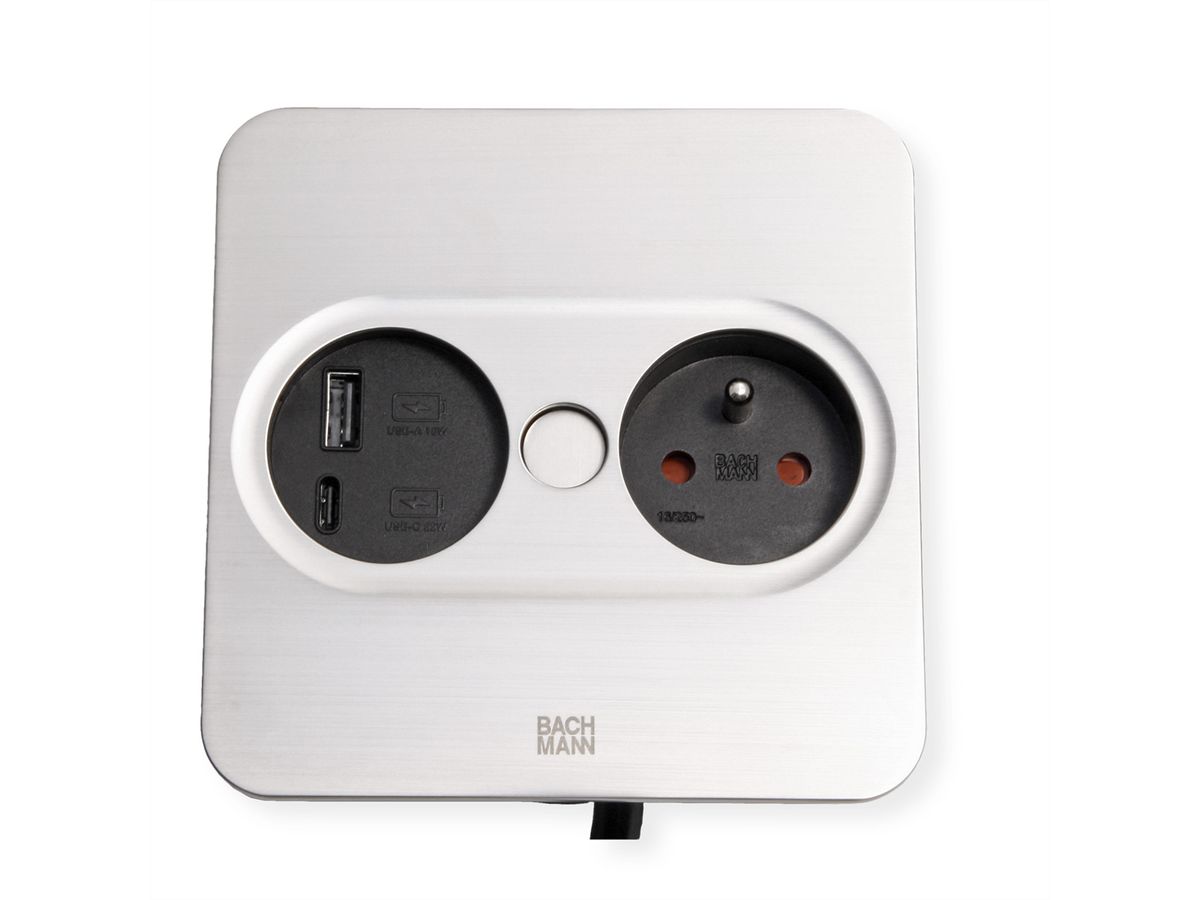 BACHMANN TWIST 2 1xUTE 1xUSB A/C 22W 2,0m AEH Edelstahl-Optik eckig