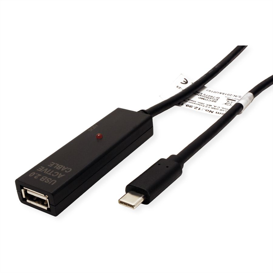 VALUE USB Prolongation active 2.0 avec Repeater, A-C, noir, 20 m