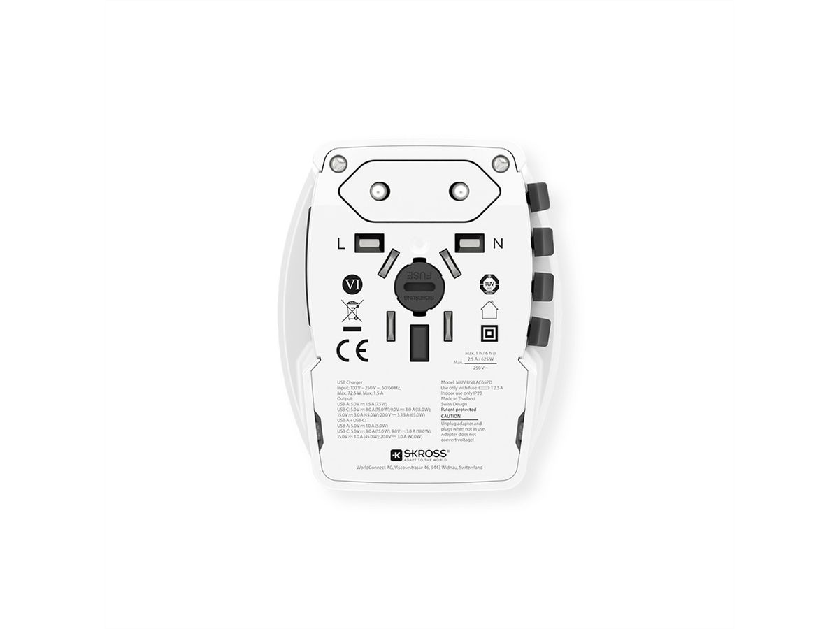 Skross MUV USB A/C 65PD Reiseadapter mit USB-C Kabel, Weltweit