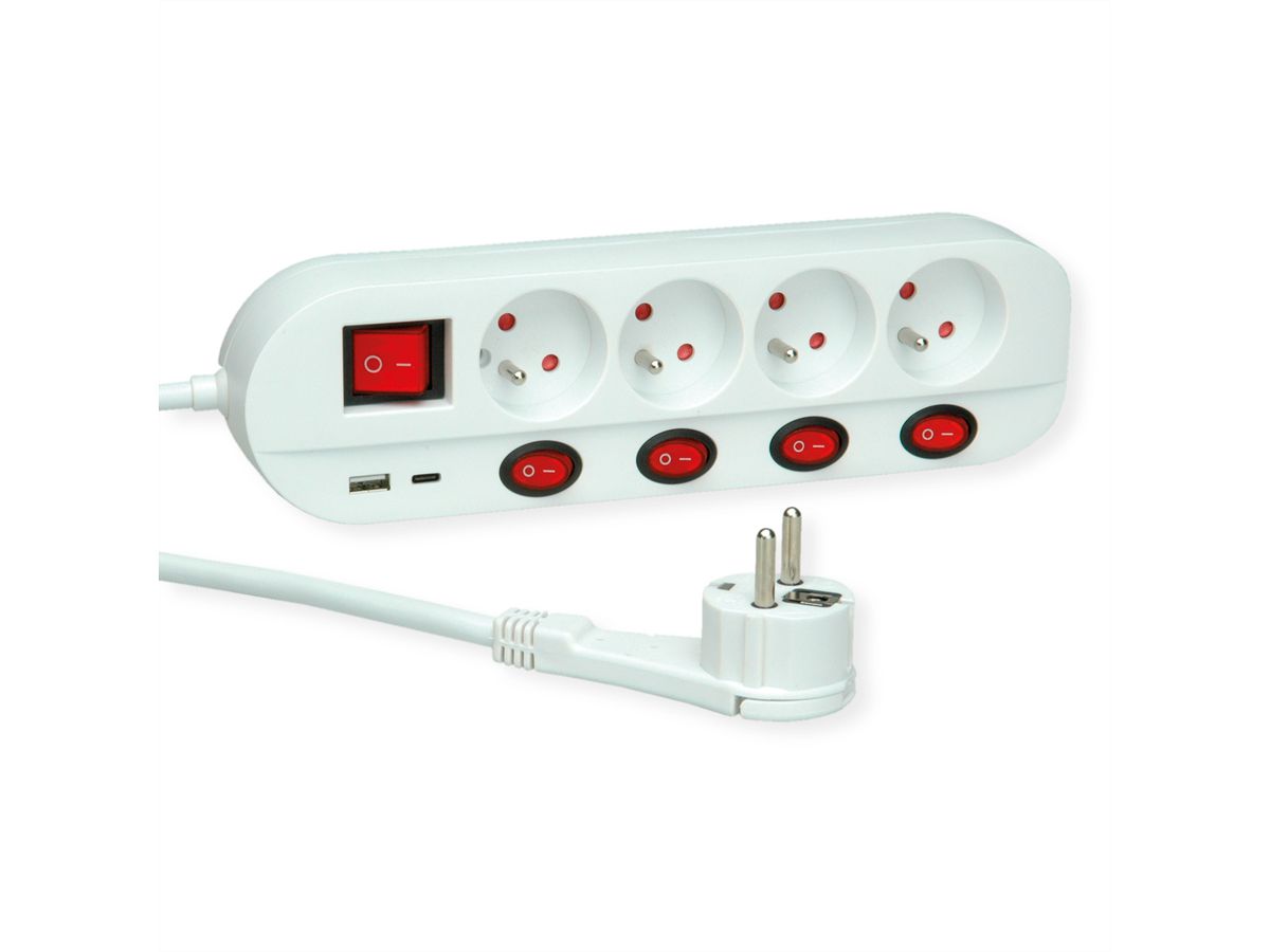 ROLINE Prise multiple, 4x avec interrupteur, Fast Charger, 1x USB A+C, 1,5 m