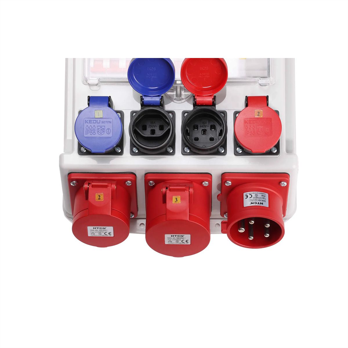 Stromverteiler 32A IP44/IP55 + FI Input , 1xCEE32/5 1xCEE16/5 2xT23 2xT25  , grau