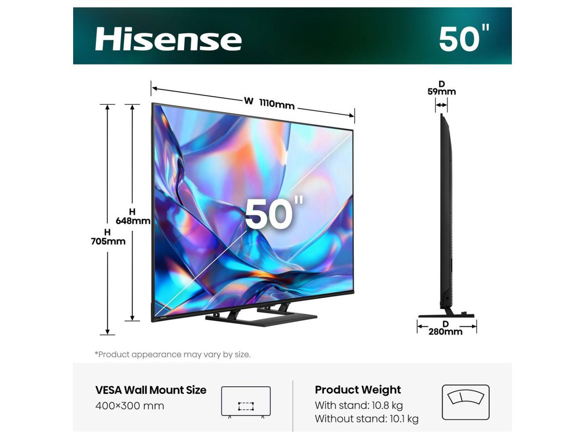 Hisense TV 50A7DS 50", QLED 4K, 60Hz, 350 Nits
