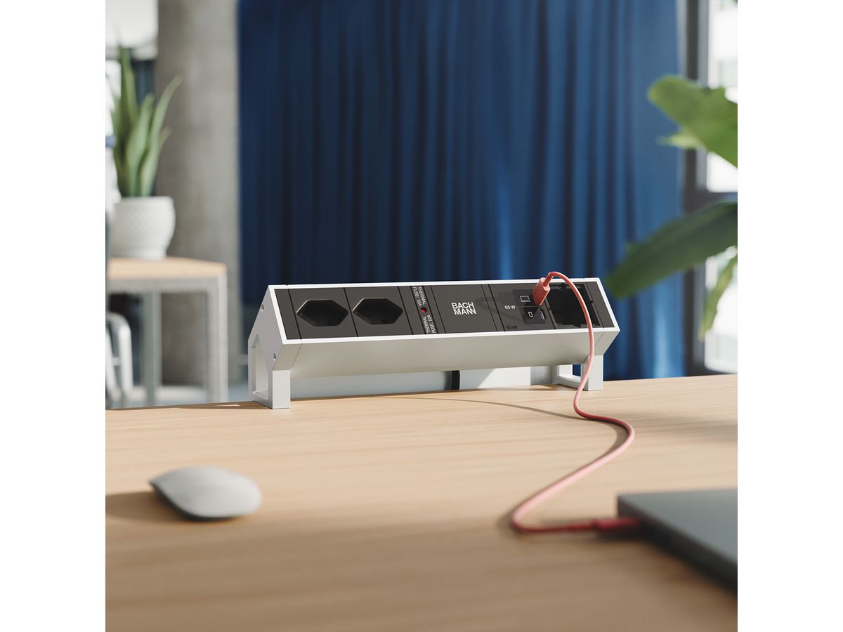 BACHMANN DESK2 2xCH 90° 1xUSB C/C 65W, 1xCM L=0,2m INOX