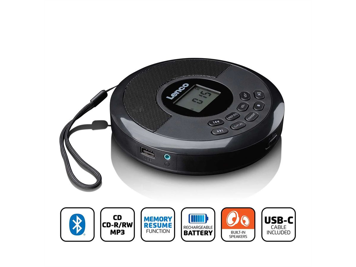Lenco CD-340BK tragbarer CD MP3 Player mit Bluetooth , Schwarz