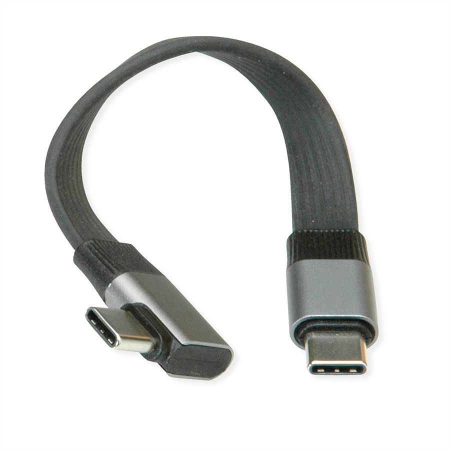 ROLINE USB4 2.0 Flachkabel, C–C, ST/ST, 8K UHD-2, 80Gbit/s, 240W, einseitig 90°-gewinkelt, schwarz, 0,13 m