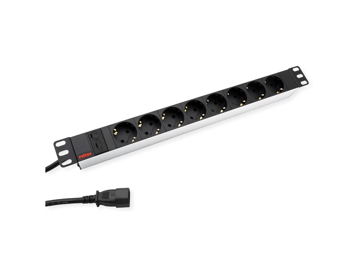 ROLINE 19-Zoll-Steckdosenleiste 8fach + C14-Stecker, silberfarben, 2 m