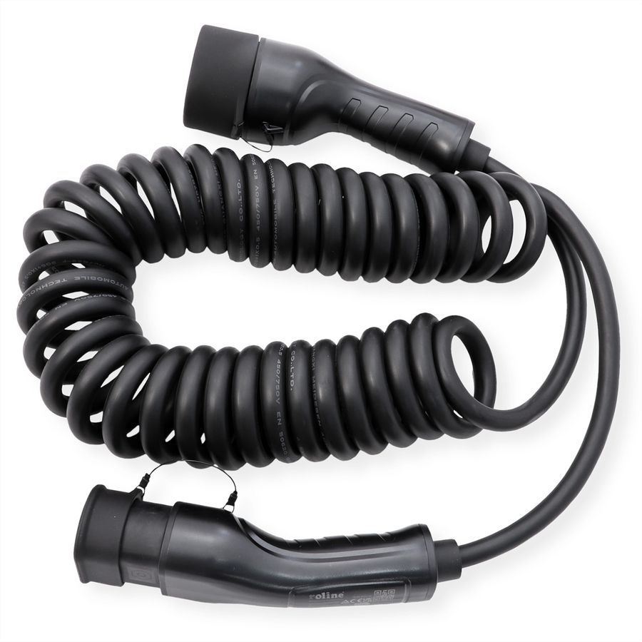 ROLINE E-Auto Spiral-Ladekabel Typ2, 1-phasig, 250VAC (1P+N+E), 32 A, 7,4 kW, max. 5m