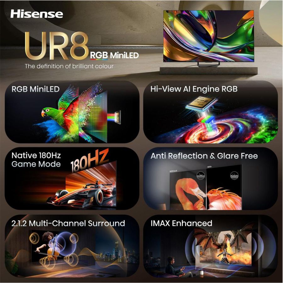Hisense TV 85UR8DS 85", RGB Mini LED 4K, 180Hz, 3500 Nits