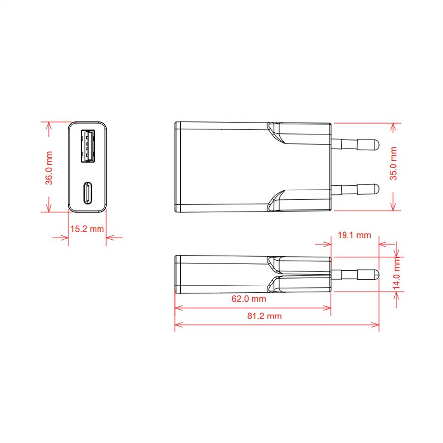VALUE USB Charger mit Euro-Stecker, 2 Ports Typ A+C, 30W