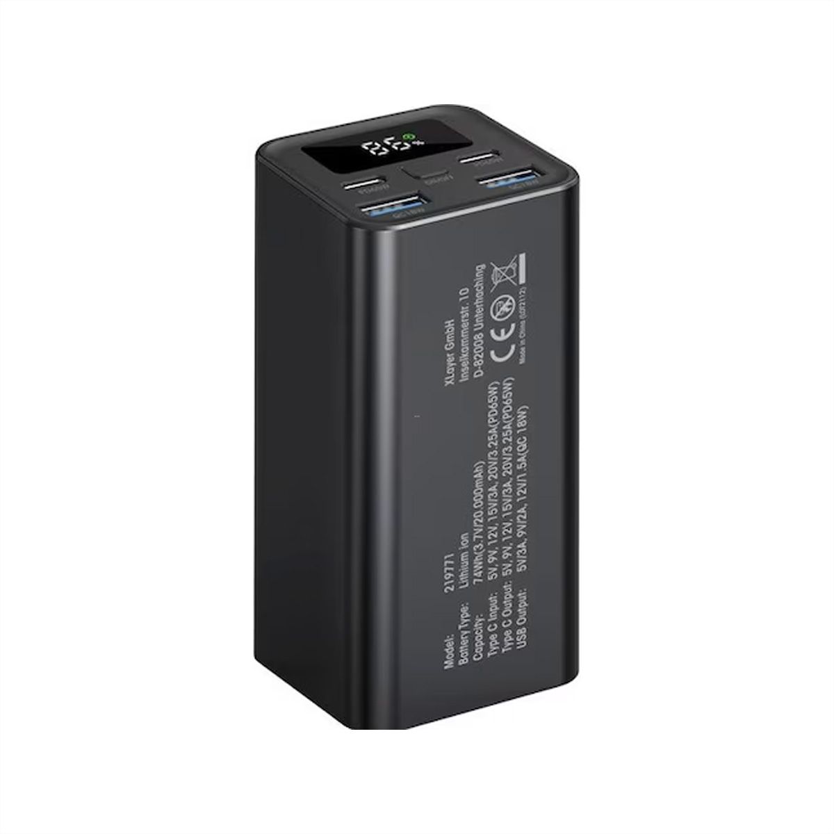 Xlayer Powerbank Solid 20'000mAh, USB C, USB A, Output 2.1 A, schwarz