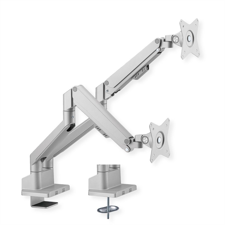 ROLINE Support double LCD, vérin à gaz, 5 articulations, fixation sur bureau, 17-23", jusqu'à 2x 9 kg, argent