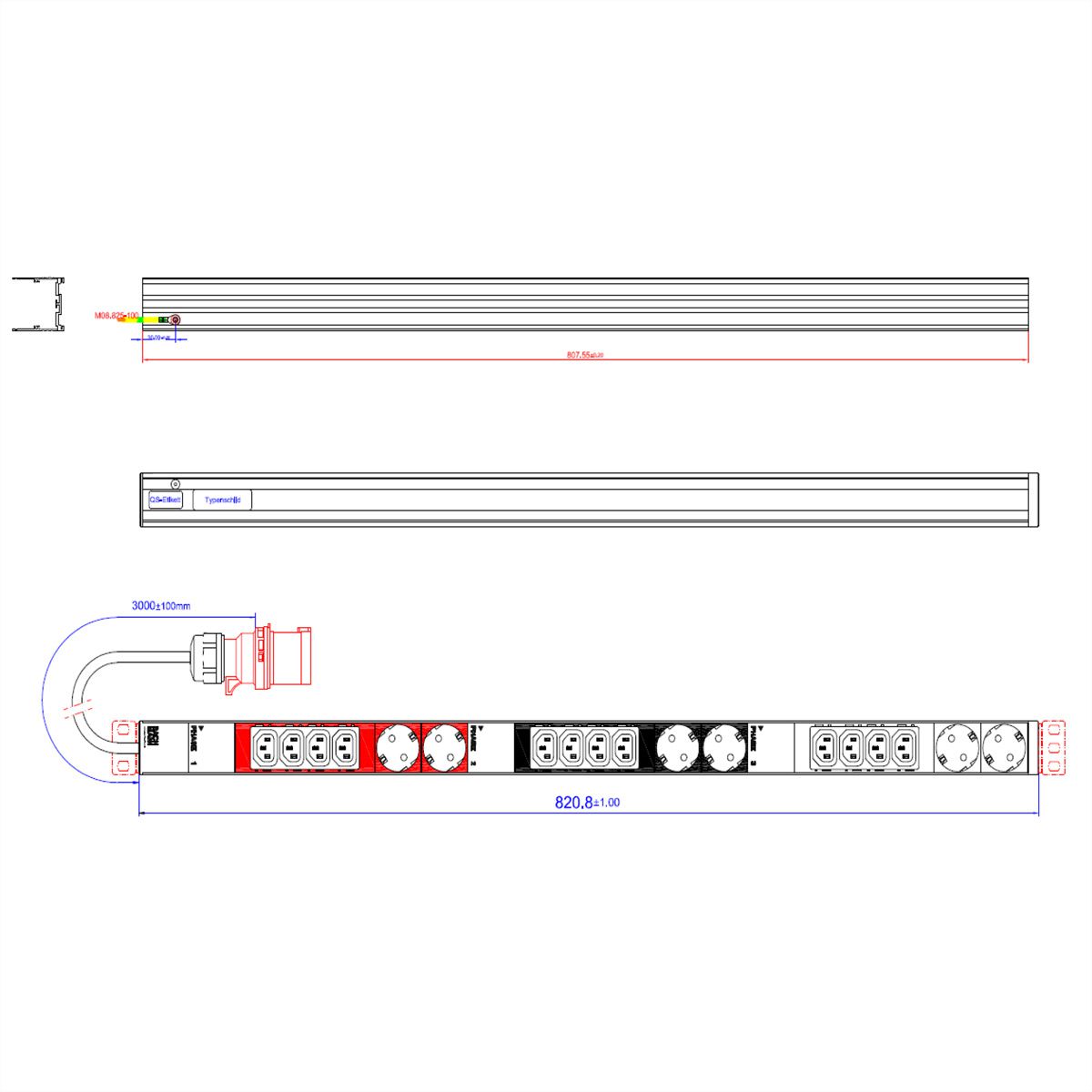 BACHMANN IT PDU ALU 0HE 12x C13 6x Schutzkontakt 3x 16A CEE rot