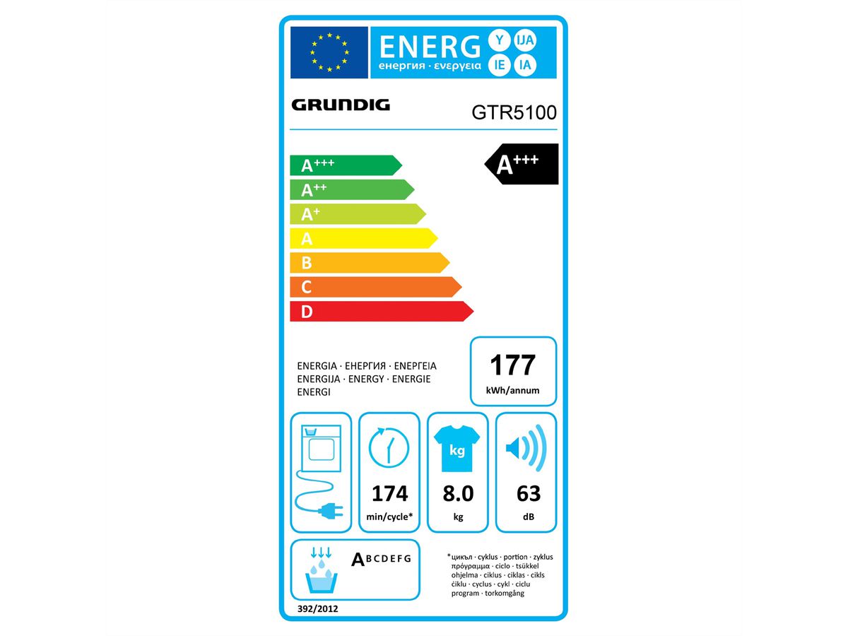 Grundig Sèche-linge GTR5100, 8kg, A+++, blanc