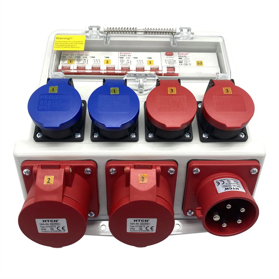Stromverteiler 16A IP44/IP55 + FI Input, 1x CEE16/5 Output: 2xCEE16/5 2xT23 2xT25, grau