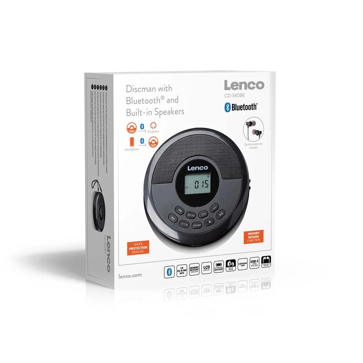 Lenco CD-340BK tragbarer CD MP3 Player mit Bluetooth , Schwarz