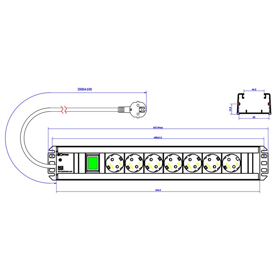 BACHMANN Handwerkerleiste 7x Schutzkontakt, Schalter, 19-Zoll-Rack kompatibel, 2 m