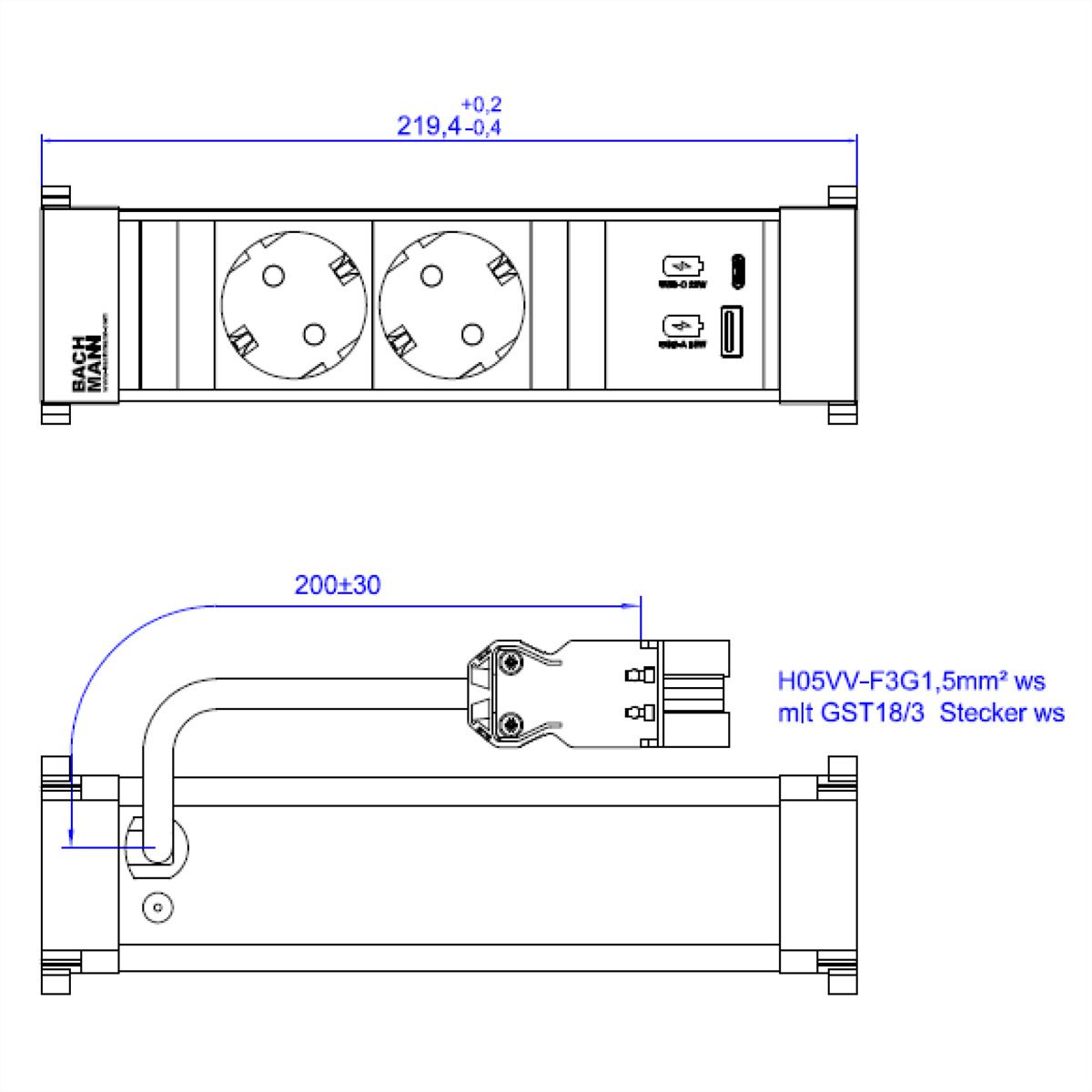BACHMANN POWER FRAME 2xCEE7/3 1xUSB A/C 22W 0,2m GST18