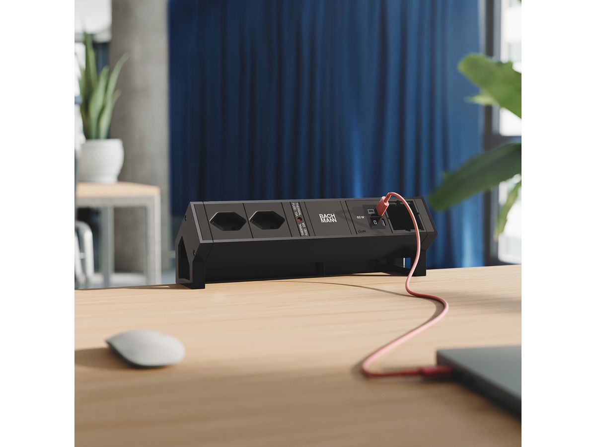 BACHMANN DESK2 2xCH 90° 1xUSB C/C 65W, 1xCM L=0,2m RAL9005
