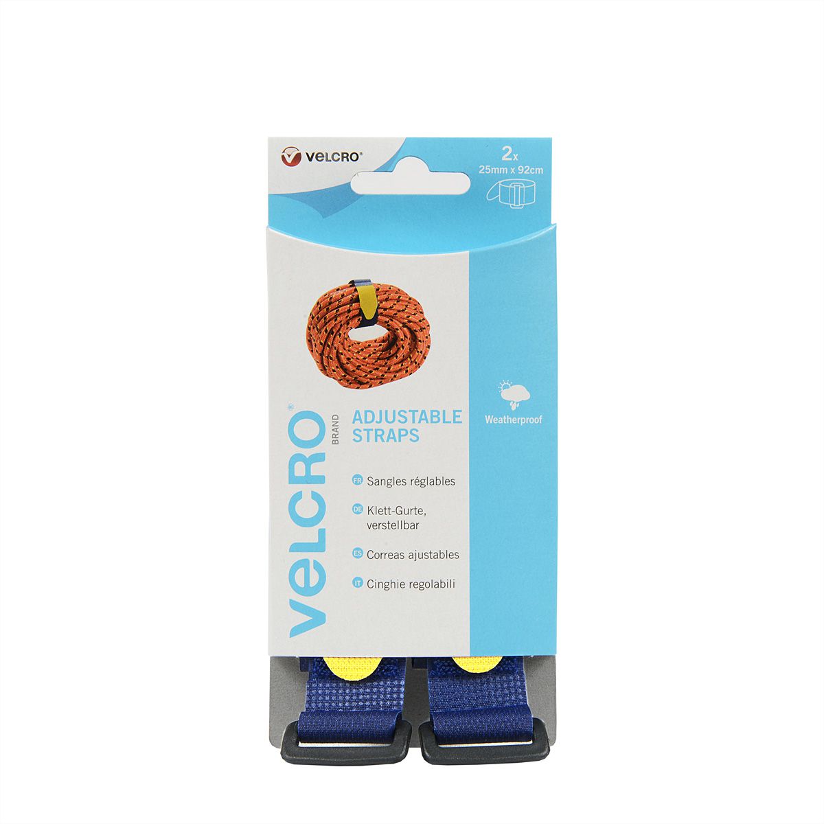 VELCRO® Sangle Everyd.25mmx92cm x 2 bleue, sangle crochets & velours ajustable