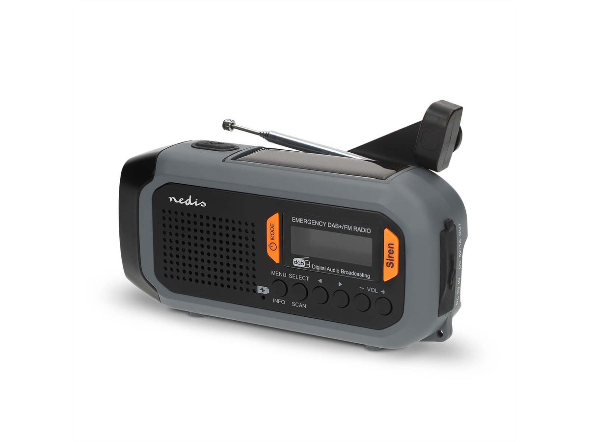 Radio d'urgence Nedis DAB FM avec manivelle, panneau solaire et batterie externe, Radio d'urgence portable pour les situations d'urgence, le camping et les activités de plein air