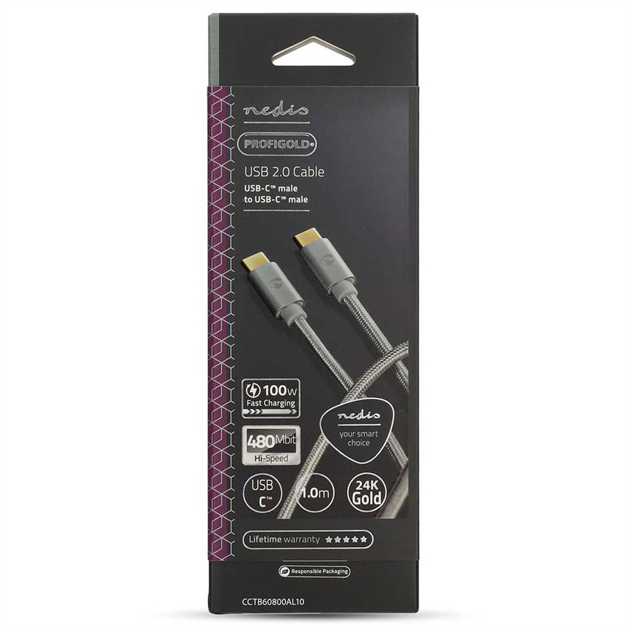 Nedis Câble USB 2.0, Type C-C, M/M, 100W, argent, 1m