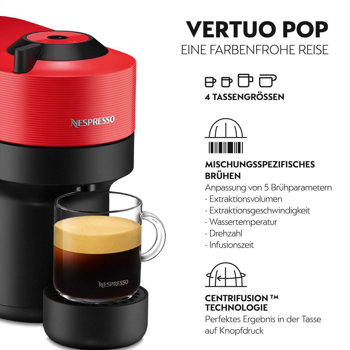 Krups Nespresso Vertuo Pop XN9205CH, Spicy Red, Vertuo, Bluetooth