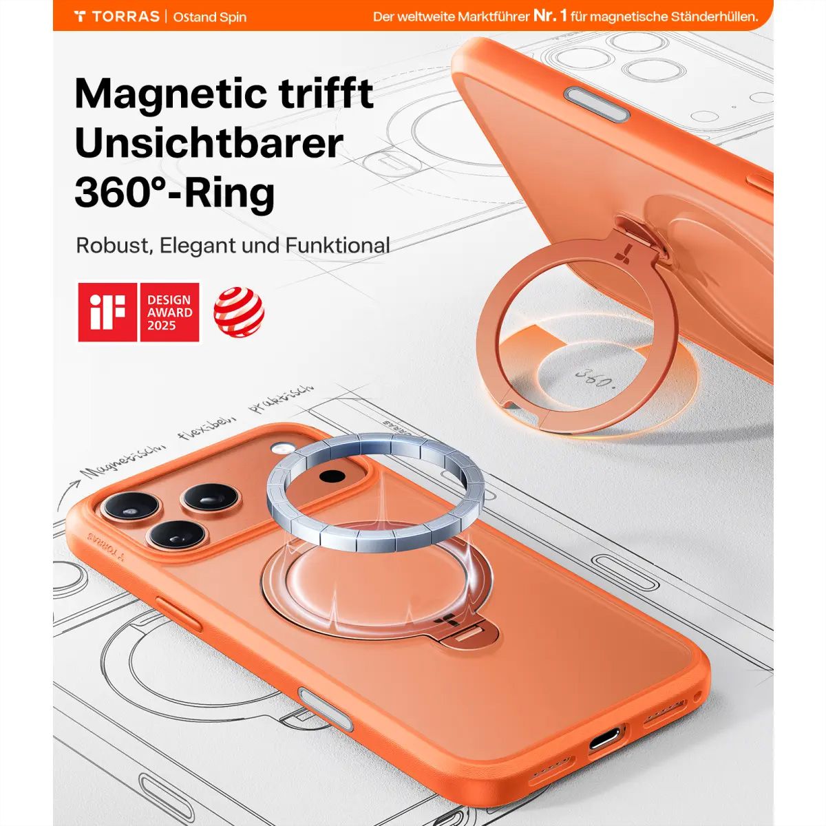 Torras UPRO Ostand Spin Schutzhülle, iPhone 17 Pro Max, MagSafe, orange