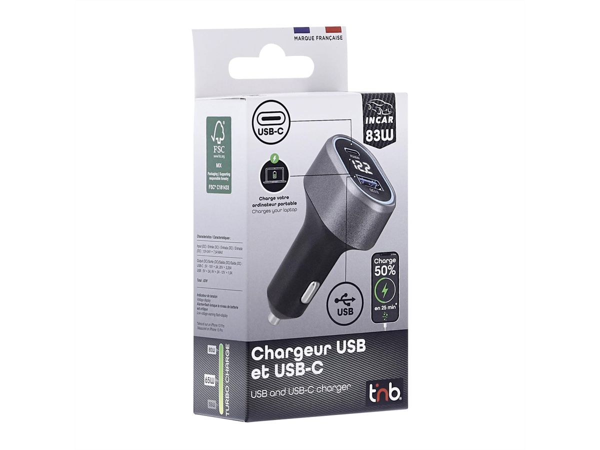 T'nB 1 USB-A QC and 1 USB-C PD, car charger 83W - Schwarz