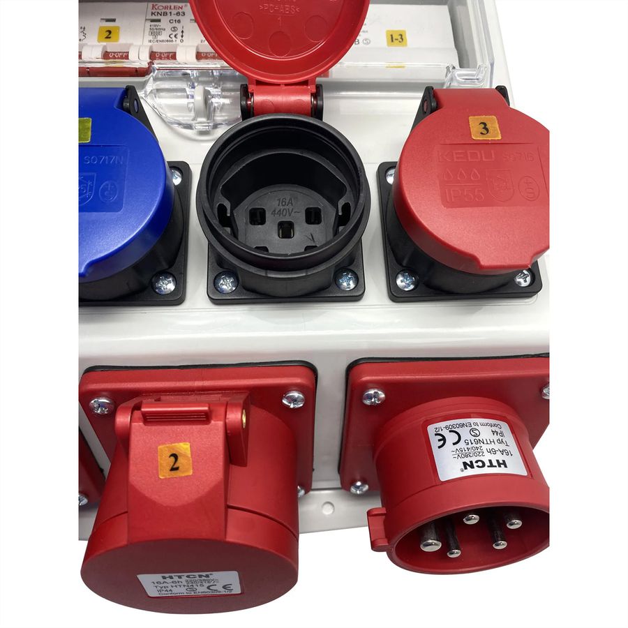 Stromverteiler 16A IP44/IP55 + FI Input, 1x CEE16/5 Output: 2xCEE16/5 2xT23 2xT25, grau