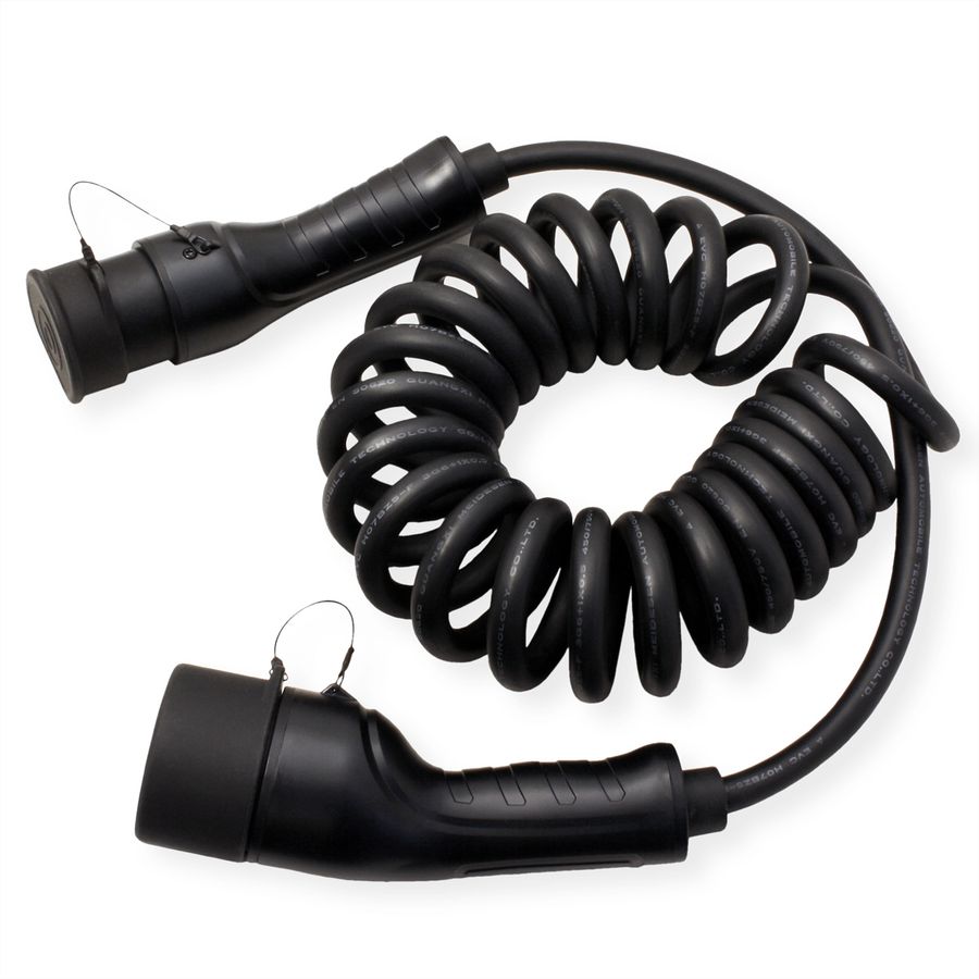 ROLINE E-Auto Spiral-Ladekabel Typ2, 1-phasig, 250VAC (1P+N+E), 32 A, 7,4 kW, max. 3m