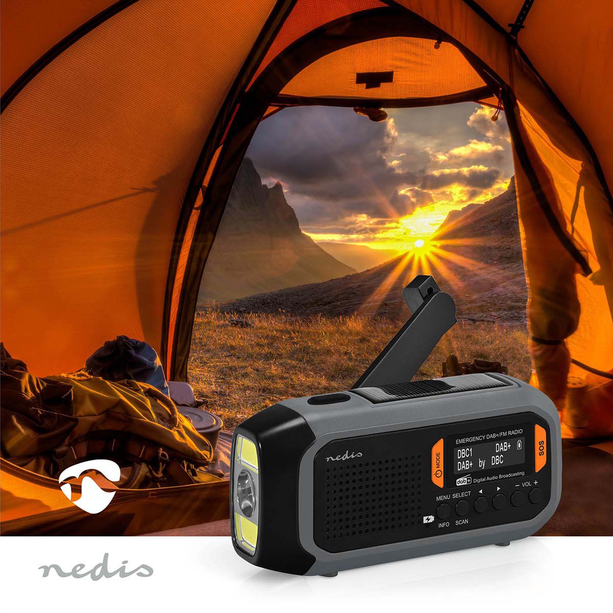 Nedis Notfallradio DAB FM mit Handkurbel Solarpanel und Powerbank, Tragbares Notfallradio fuer Notfaelle, Camping und Outdoor Anwendungen