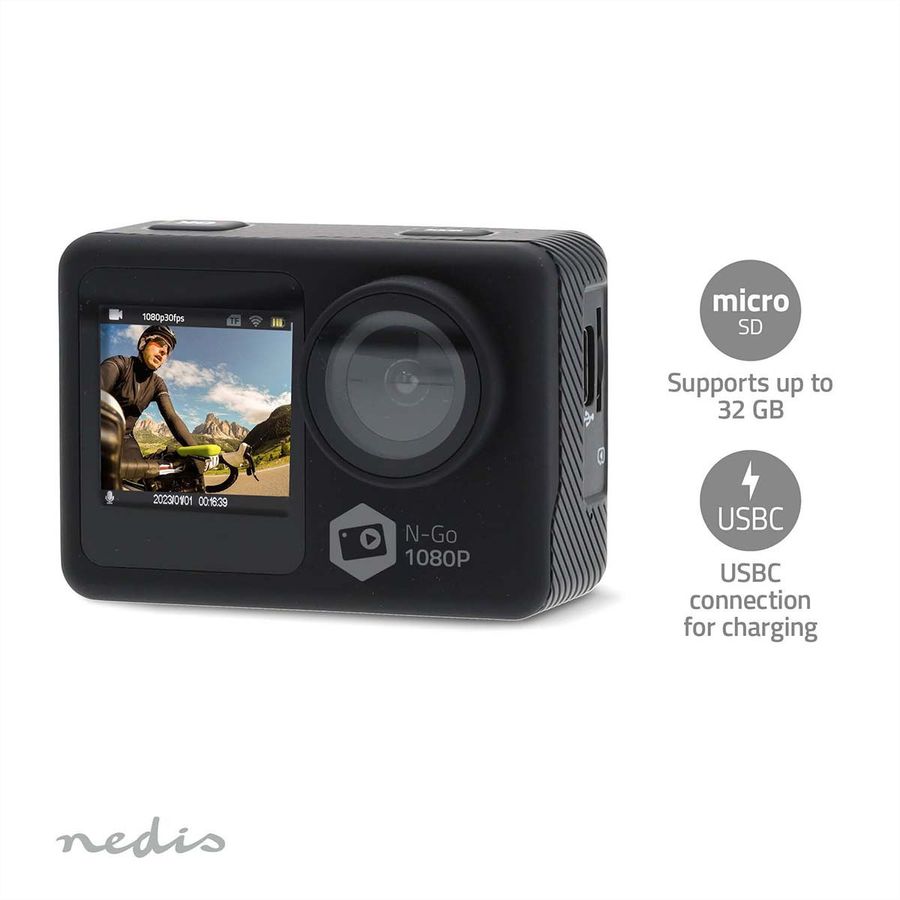 Nedis Action Cam 1080p, Dualscreen, 12Mp. 30fps, Wasserdicht bis 30m