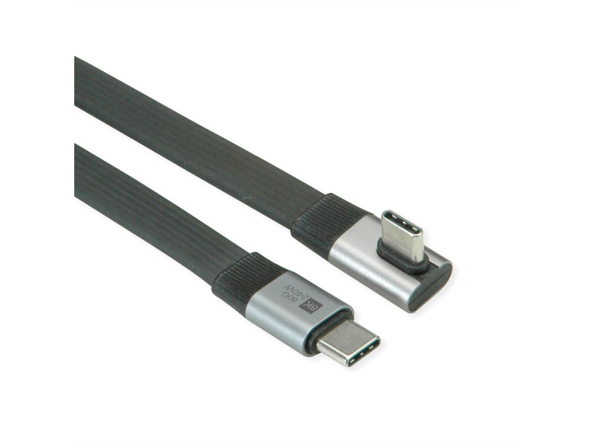 ROLINE Câble USB4 2.0 plat, C–C, M/M, un côté coudé à 90°, 8K UHD-2, 80Gbit/s, 240W, noir, 0,8 m
