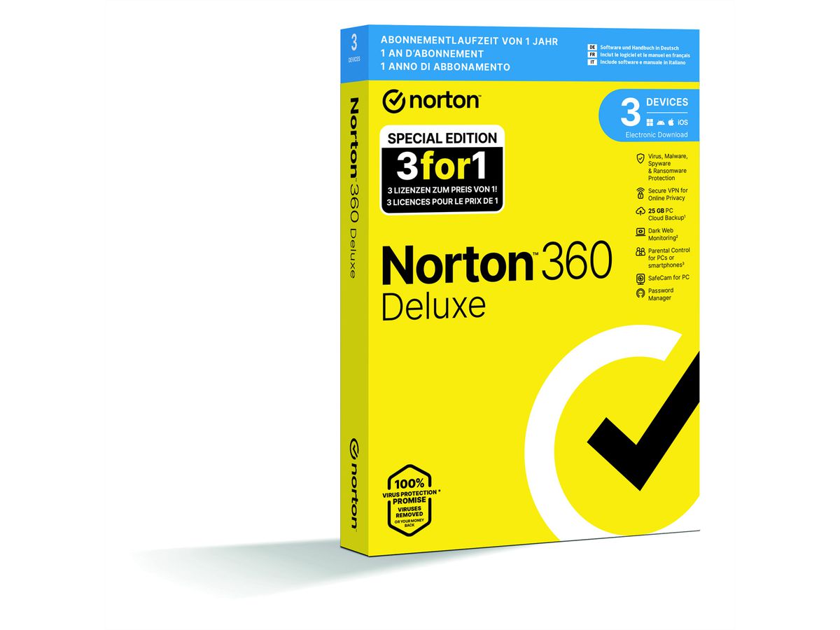 Norton Security 360 Deluxe 3 pour 1, 25GB, 12 mois