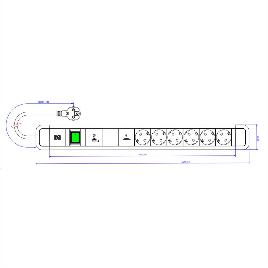 BACHMANN PRIMO 2 6xCEE7/3 1xGVS-Plus 1xinterrupteur 2,0m CEE7/7