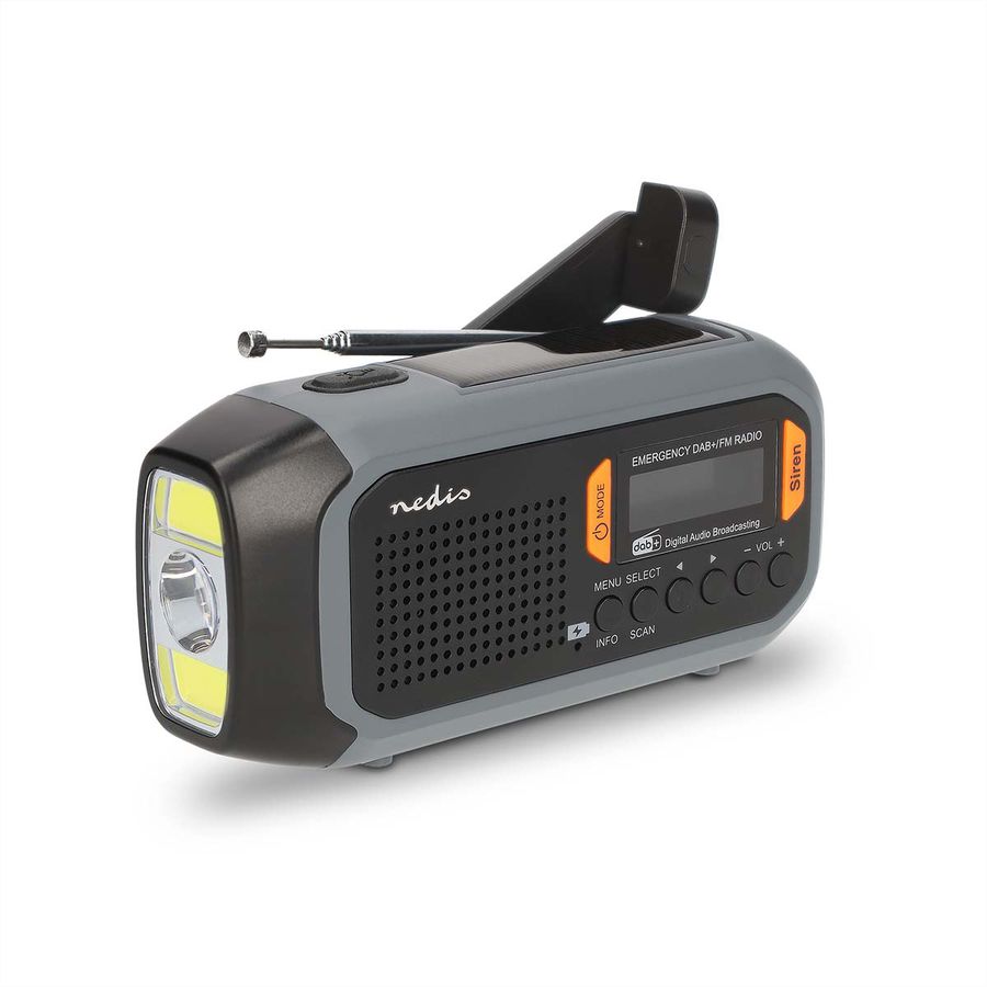 Nedis Notfallradio DAB FM mit Handkurbel Solarpanel und Powerbank, Tragbares Notfallradio fuer Notfaelle, Camping und Outdoor Anwendungen