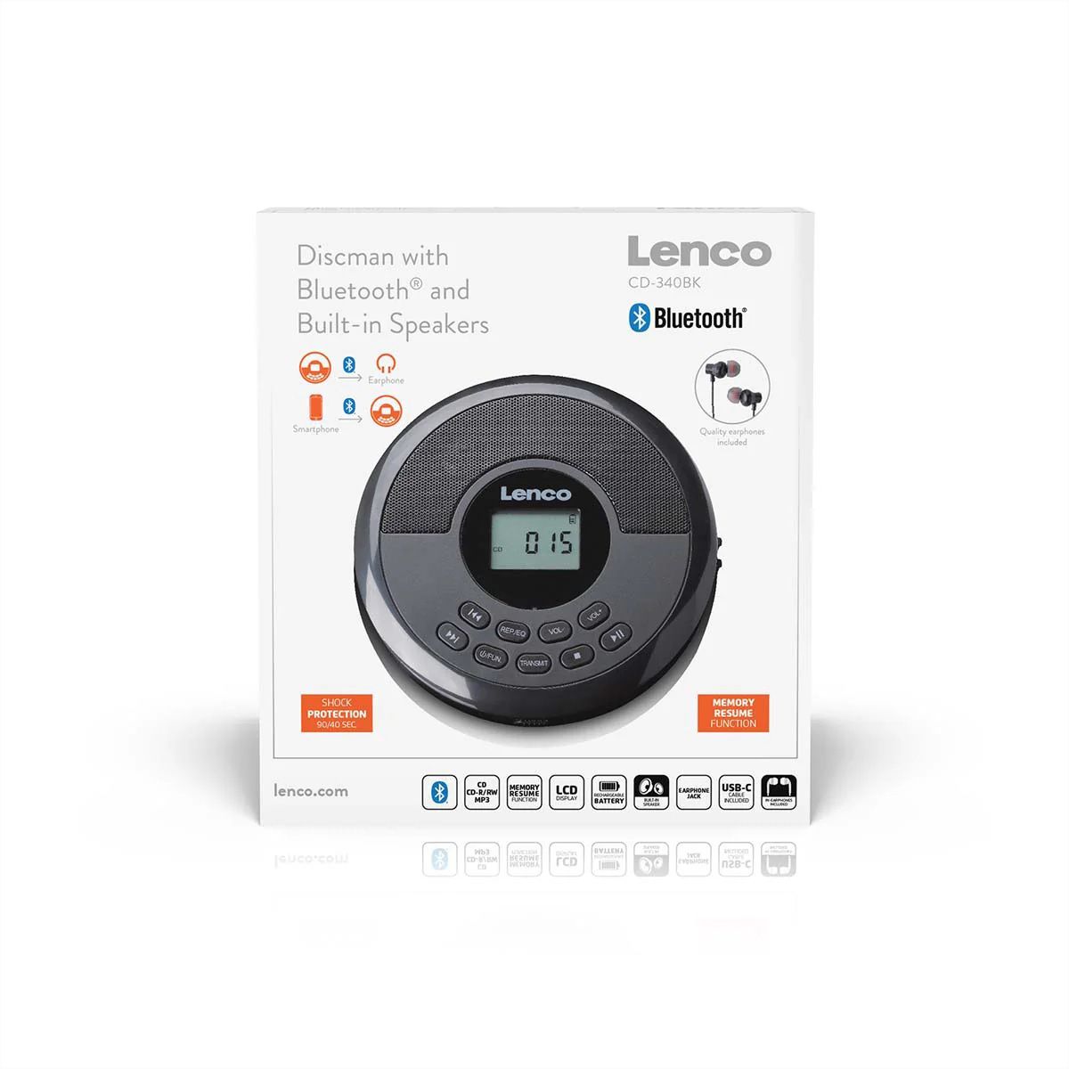 Lenco CD-340BK tragbarer CD MP3 Player mit Bluetooth , Schwarz