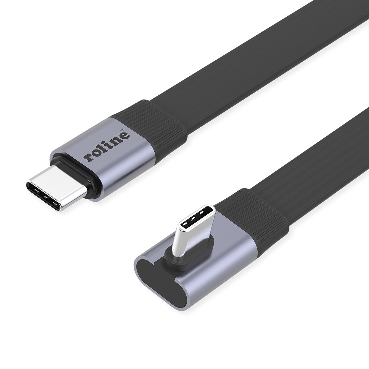 ROLINE USB4 2.0 Flachkabel, C–C, ST/ST, 8K UHD-2, 80Gbit/s, 240W, einseitig 90°-gewinkelt, schwarz, 0,8 m