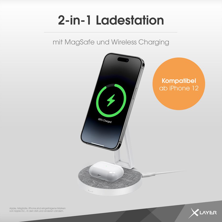 Xlayer Station charge MagFix Pro 2 in 1 15W Grey/White, magnétique 15W