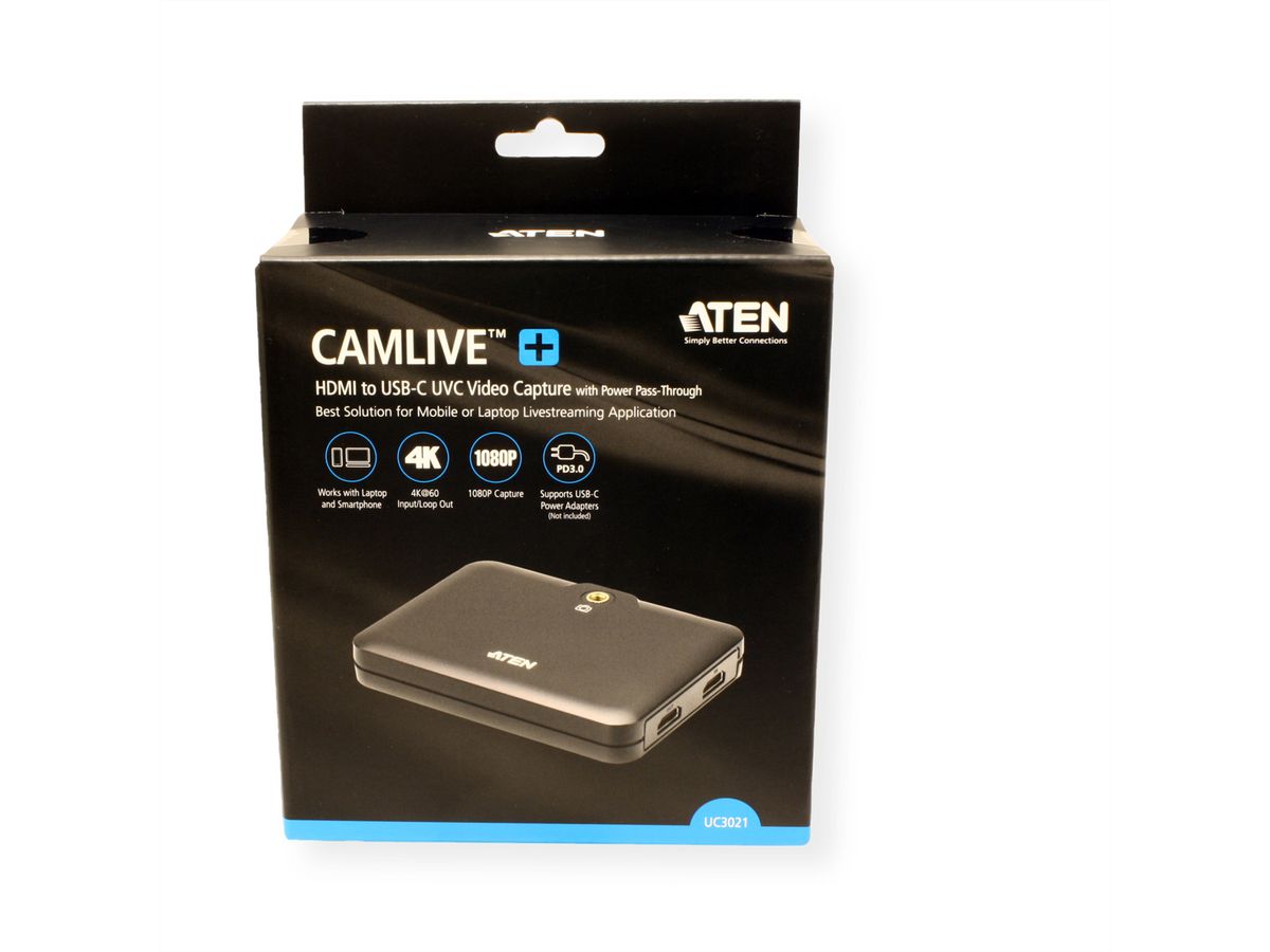 ATEN UC3021 CAMLIVE™+ (Capture vidéo HDMI vers USB-C UVC) , avec transfert de l’alimentation PD 3.0