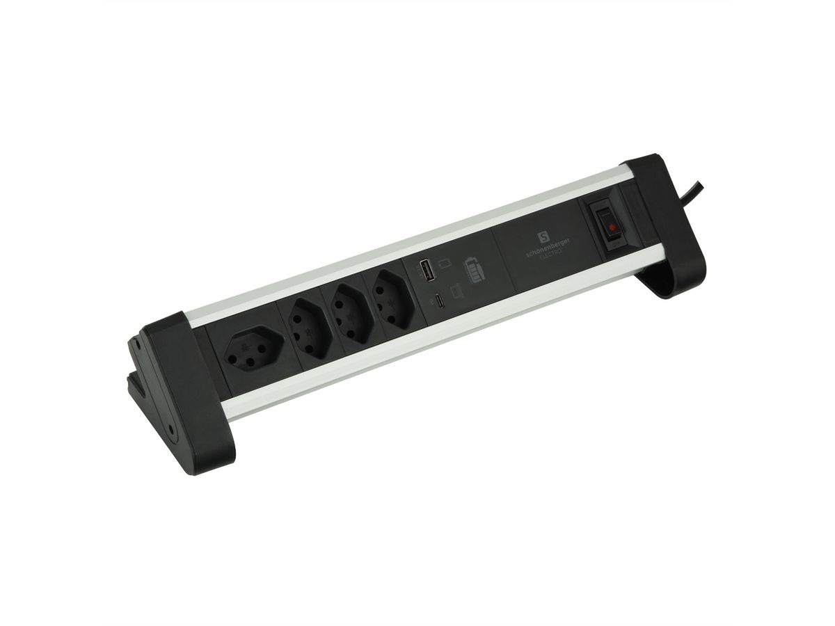Schönenberger Alu-Tisch-Steckdosenleiste, 4xT13, 1xUSB-A, 1xUSB-C, schwarz