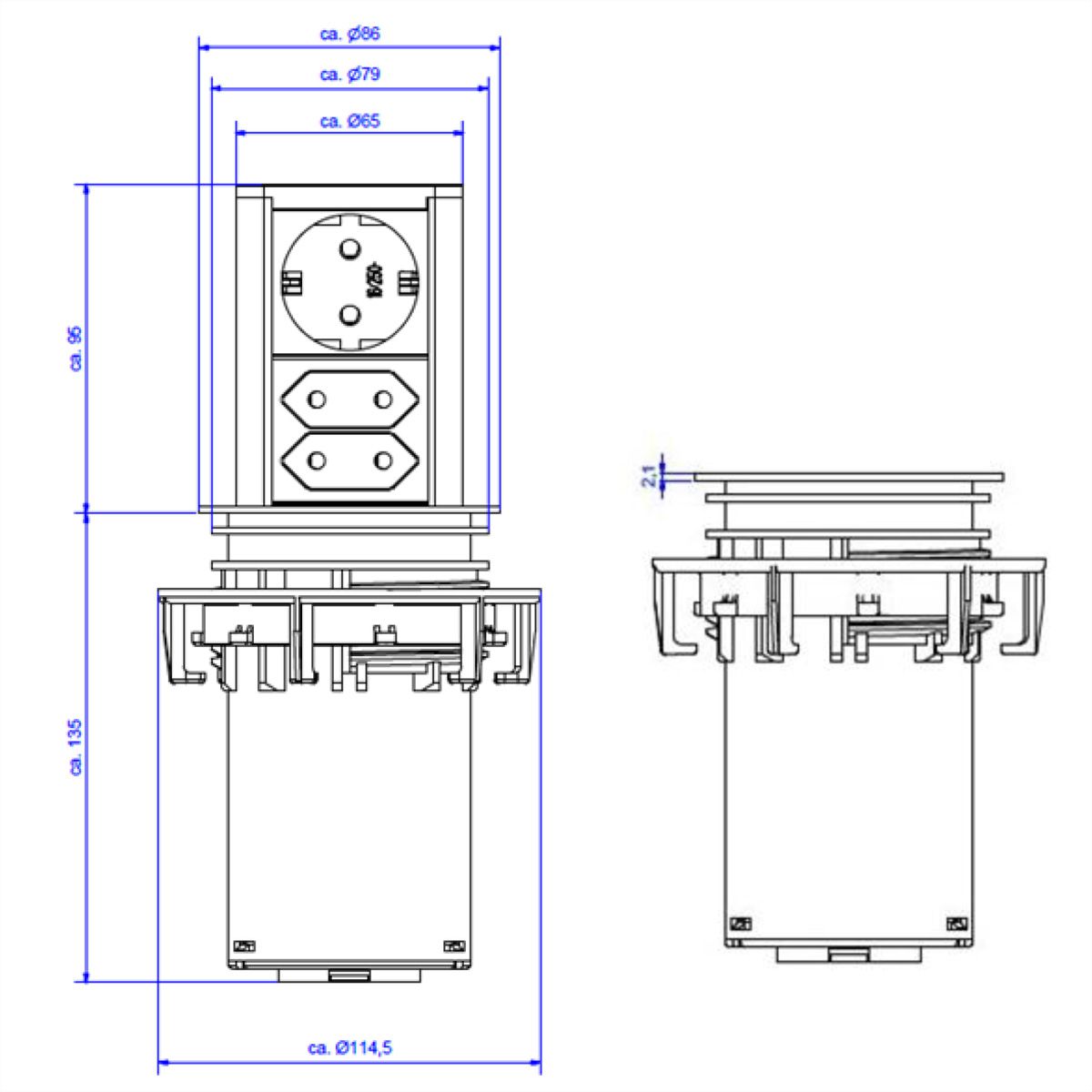 BACHMANN ELEVATOR 1x CEE 7/7 2x Euro, noir, 2 m